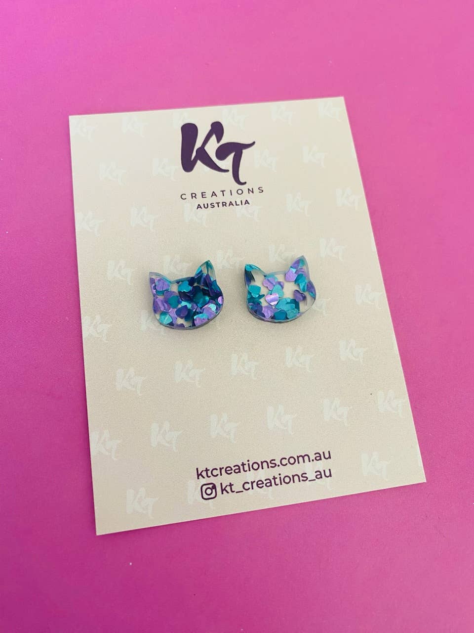 Cat studs- Chunky glitter purple and teal heart Acrylic stud